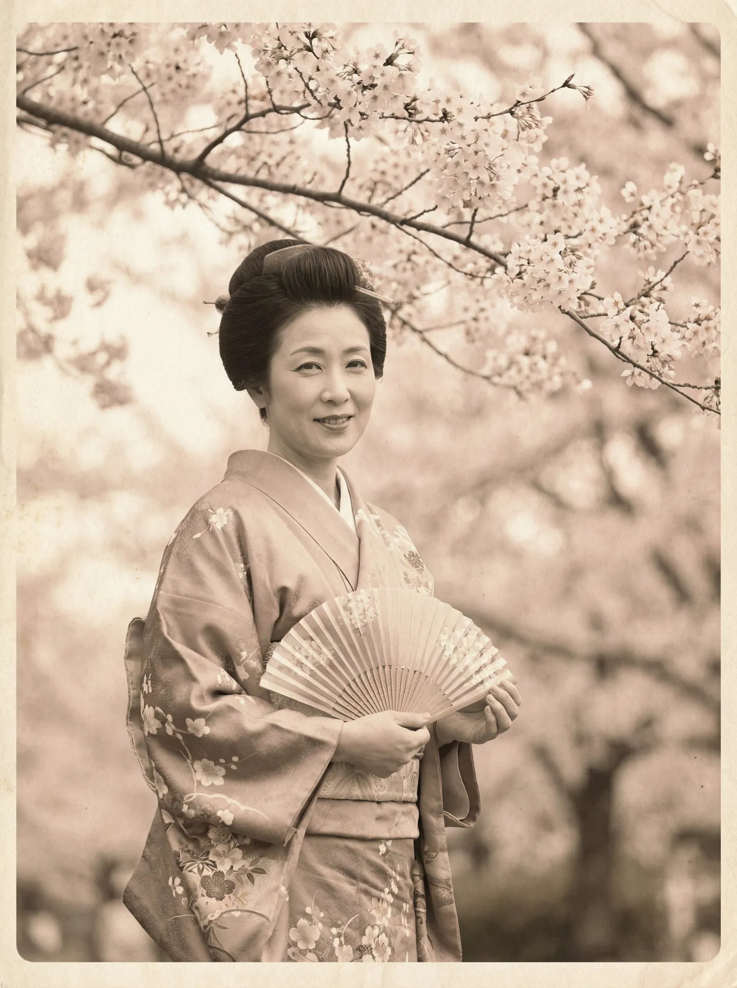 一位持扇的优雅 松下纱荣子 在樱花树下的复古写真